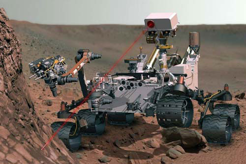 Representación del rover Curiosity tomando muestras del suelo marciano